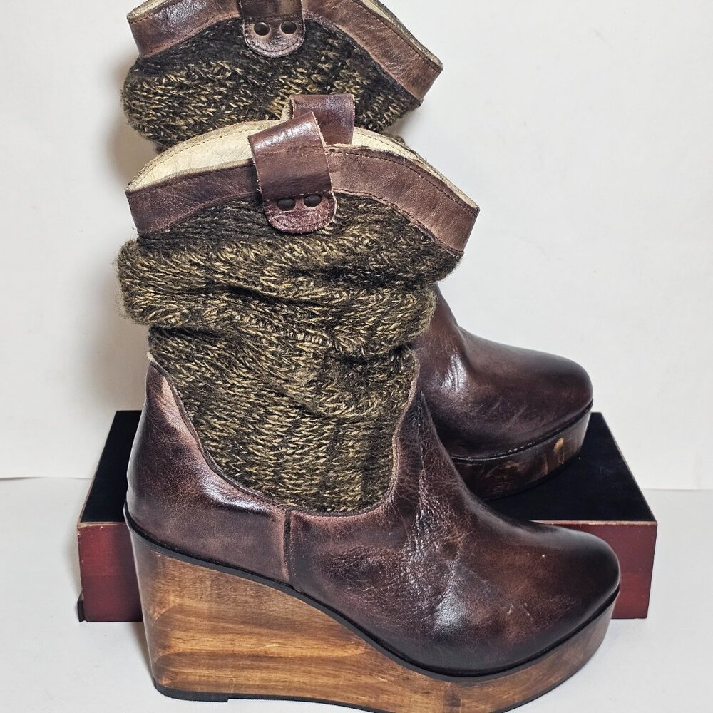 Bed Stu Slouch Boots Bruges Distressed Brown Knit Women's Wedge US Size 7.5 B